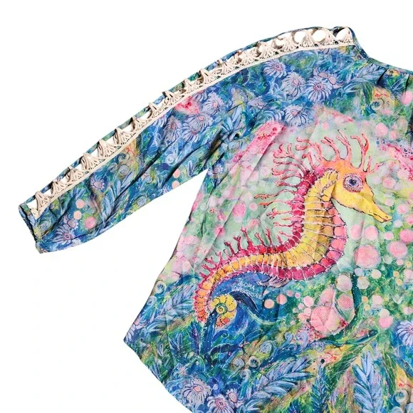 Leoma Lovegrove Seahorse Tie Waist Art to Wear Top Watercolor L Laced Sleeves - Picture 6 of 12